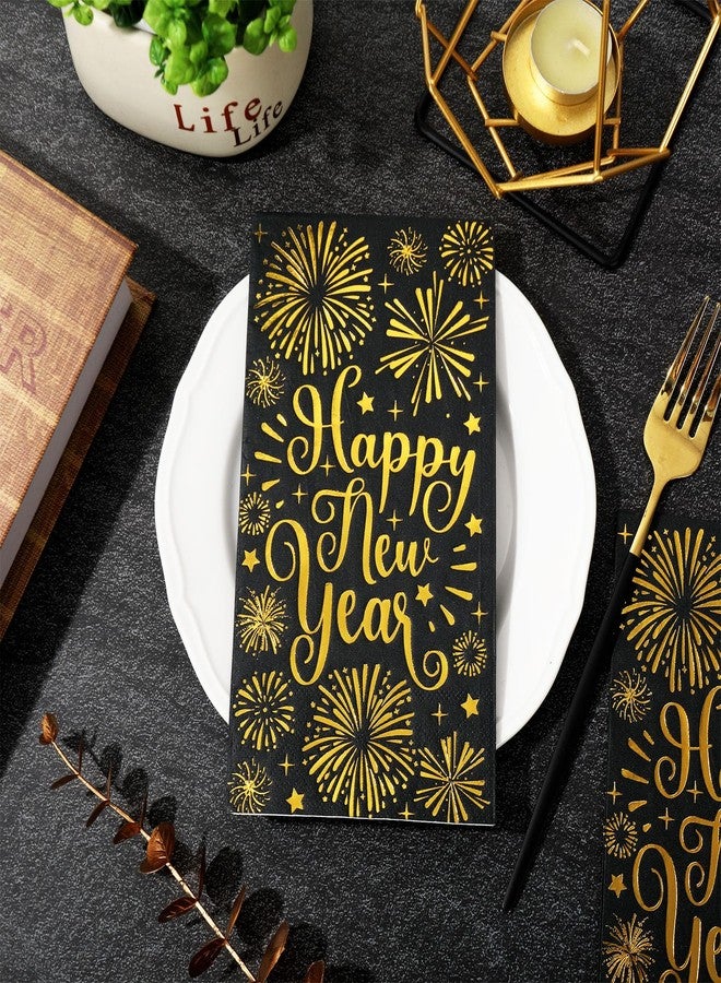 Whaline 80Pcs Happy New year Guest Paper Napkin Black Gold Foil Firework Disposable Guest Hand Towel Christmas Bathroom Napkin for Party Table Decor - Image 3
